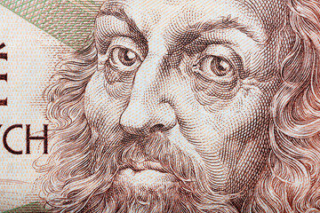 Close-up of the portrait on the Czech crown banknote. Czech money as economic background with copy space