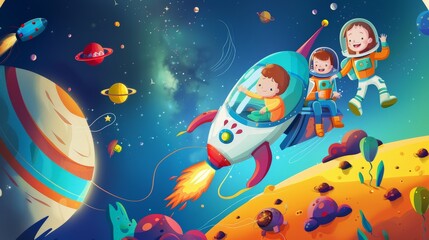 A space adventure with children and alien friends on a colorful planet