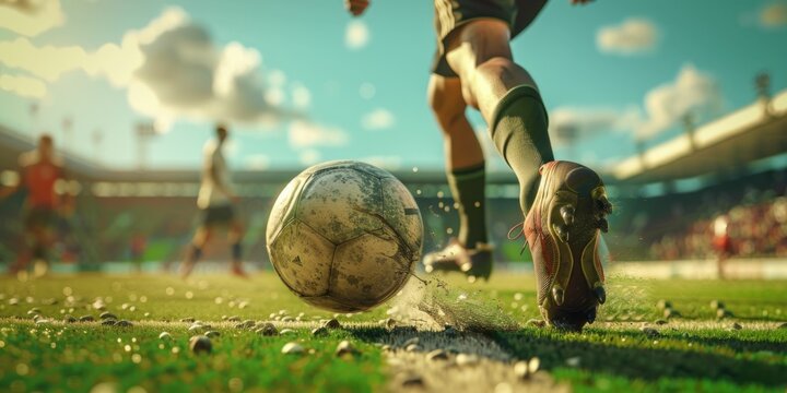 Rugby player kicking ball on field with crowd of people in background during athletic event