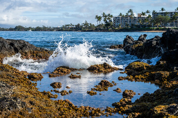 Waves crashing on black lava rock at low tide, tide pool in foreground and resort hotel in...