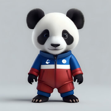 A small panda dressed in french flag colors is about to start a complex mecanism - generated by ai