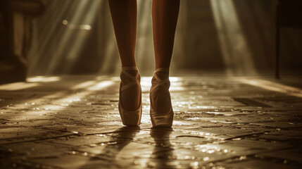 Graceful ballerina toes in satin pointe shoes highlighted by dim light