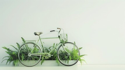 Green retro bicycle with green plants on white background, eco concept. ,3d rendering illustration, wide angle lens,