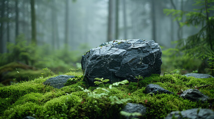 Solitary slate rock on moss in a serene woodland with foggy ambiance