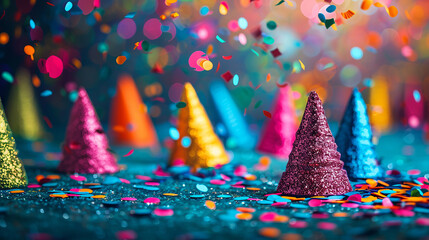 Festive party hats and colorful decorations on a scattered confetti background