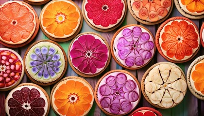 Colorful Fruit Tarts Displayed in Patterns