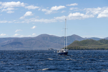 Fototapeta premium sailing on a yacht in the australian in the remote forest wilderness in spring in australia