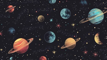 A pattern of different celestial bodies like planets, moons, and asteroids. seamless illustration pattern.