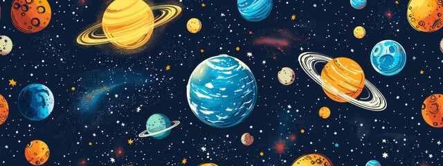 Naklejka premium A pattern of different celestial bodies like planets, moons, and asteroids. seamless illustration pattern.