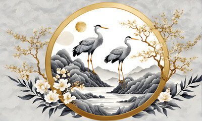 Crane bird scenery with gold silhouettes. Geometric branches of wave decoration and flower decoration. New Year's card design, ai Generative, 연하장 贺年卡 賀年卡 年賀状
