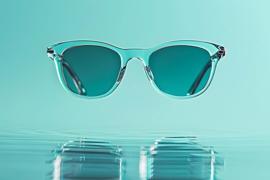A pair of sunglasses is floating in a body of water. The sunglasses are clear and blue, and they are positioned above the water. Concept of calmness and relaxation