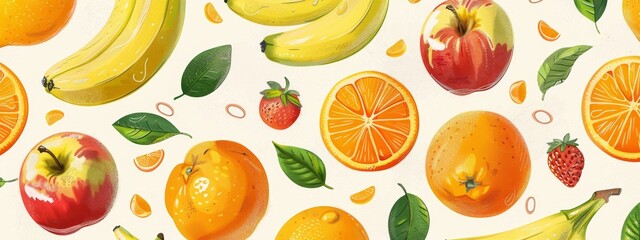 A pattern of different types of fruit like apples, oranges, and bananas. seamless illustration pattern.