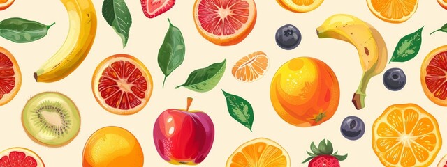 A pattern of different types of fruit like apples, oranges, and bananas. seamless illustration pattern.