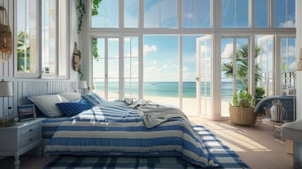 interior of bright beach house bedroom with blue and white striped bedding, view to the ocean through large windows, cozy atmosphere, photo realistic