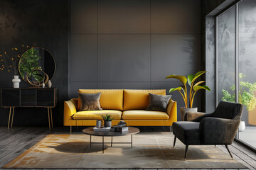 Modern interior design of scandinavian apartment living room with yellow sofa sideboard and black armchair 3d animation rendering