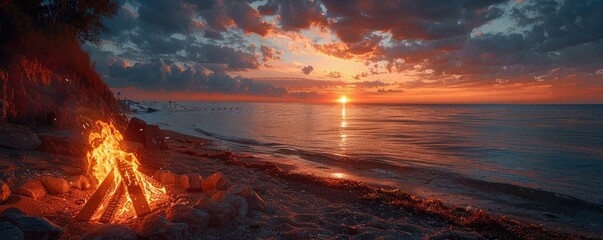 Lakeside bonfire at sunset