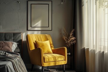 Contemporary Bedroom with Mustard Yellow Armchair and Minimal Monochromatic Decor