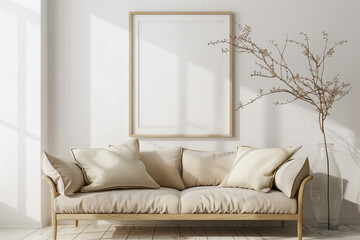 Poster mockup with vertical frame standing on floor in living room interior with sofa beige pillow and branch in glass vase on empty white wall background. 3D rendering illustration.