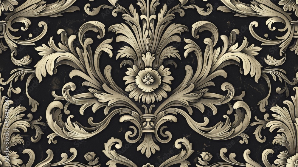 Poster a renaissance-inspired pattern with ornate scrolls and motifs.