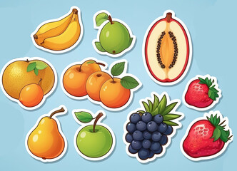 Stickers include fruits set grape lemon,  banana, kiwi, strawberry, isolated background.