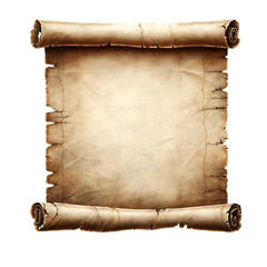 An old, tattered, blank piece of parchment with curled edges on both sides on a transparent background