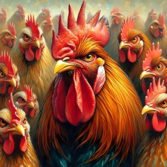 A painting of a rooster surrounded by other roosters.