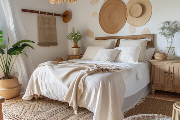 Scandinavian boho interior design of modern bedroom.