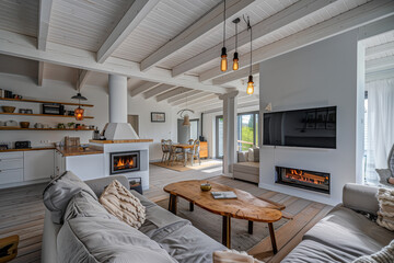 Scandinavian farmhouse interior design of modern living room home with fireplace.