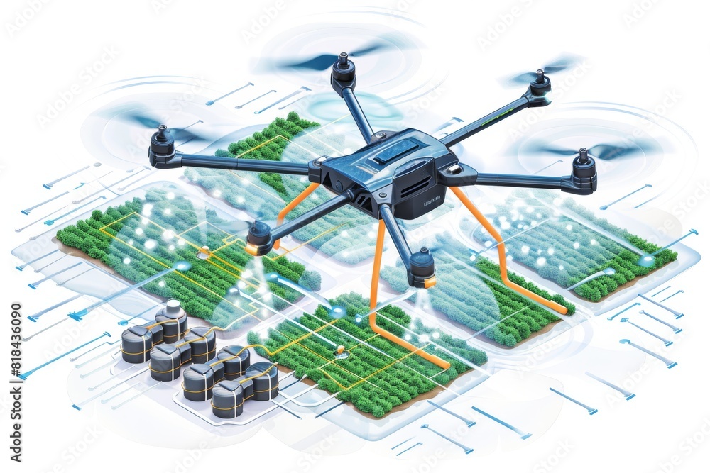 Poster drone tech integrates with 5g farming for eco friendly transformations in tulip fields, illustrated 