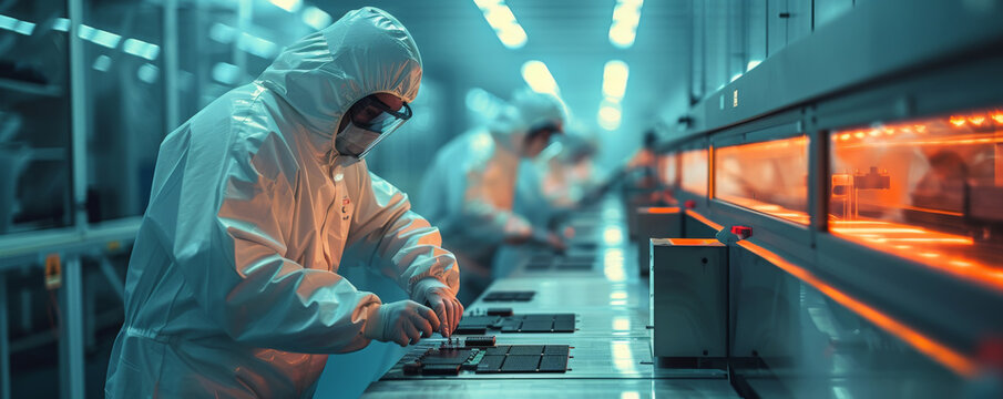A clean room in a semiconductor lab with engineers in protective suits to create microchips
