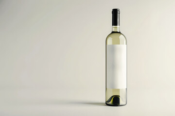 A studio shot of a white wine bottle with a blank white label, placed against a clean, white background, simple and elegant, highlighting the bottle's shape and the label's minimalistic design.