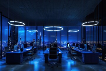 Modern office interior with panoramic windows and city view, computer work tables in the center of room. Dark blue color scheme, hightech lighting. Photorealistic rendering.