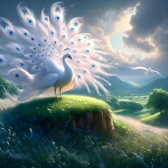 A peacock with a blue tail and a white bird flying in the sky.