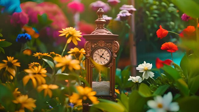 Vintage Clock Amidst Colorful Garden Flowers with Ai generated.
