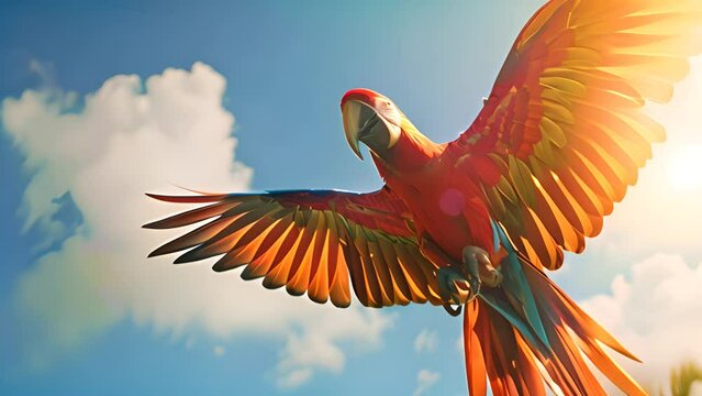 Colorful Parrot Soaring in Blue Sky with Ai generated.

