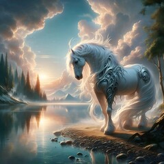 Painting of a white horse standing on a rocky shore next to a lake.