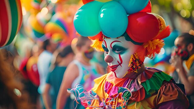 Colorful Clown with Balloons at Outdoor Festival with Ai generated.

