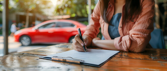 A woman signing on a paper for car insurance