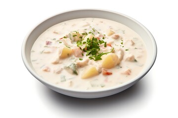 Chowder on a plate isolated on white background. Top view.