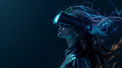 Beautiful woman with flowing hair in futuristic dress over dark background. Girl in glasses of virtual reality. Augmented reality, science, future technology, robots and people concept. VR