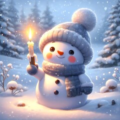 Painting of a snowman standing tall with a glowing candle in hand on a blanket of snow.