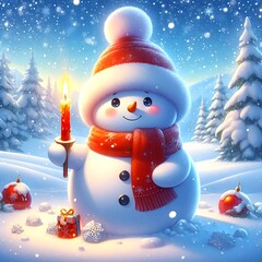 Painting of a snowman with a flickering candle amidst the snowy landscape.