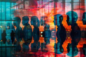 Shadowy shapes in a conference with a layered effect of inventive ideas, showcasing the joint endeavor to address business obstacles