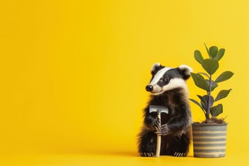 A badger in a gardening outfit