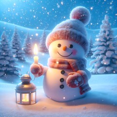 A Painting of a snowman with a shining candle, bringing light to the winter Scene.