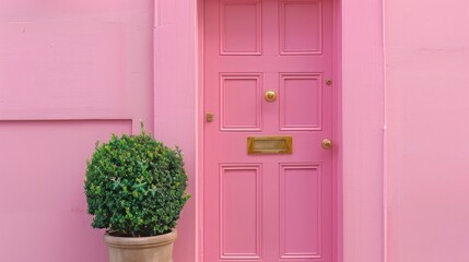 Photo of A pink door with gold hardware and potted topiary in front, London style. Web banner with copyspace on the right