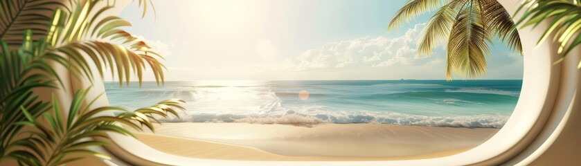 Naklejka premium A blank podium showcasing an airplane window view of a beautiful tropical beach with golden sand and palm trees
