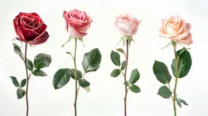 Collection set of pink red cream stalk of rose roses flower floral with leaves on white background. Mockup template artwork graphic design