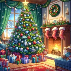 Painting of a festive Christmas scene with a tree, stockings, and gifts.