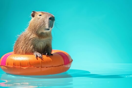 A capybara in a lifeguard uniform, sitting beside a pool float in front of a bright blue background The capybara looks vigilant and ready to help, with copy space on the left side